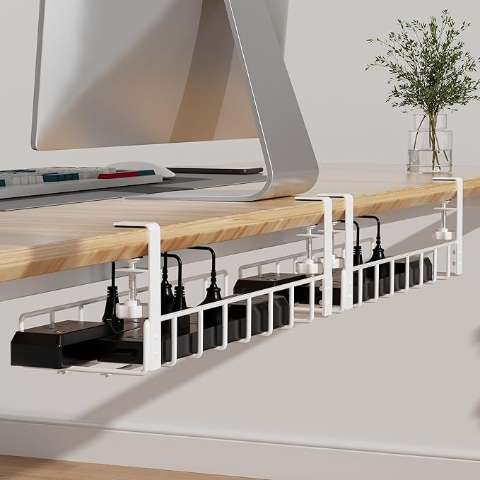 2 Pack Cable Management Under Desk Tray, Xpatee 31.4" No Drill Wire Organizers with Upgraded Clamp, Metal Cord Organization, PC Cable Management Rack, White