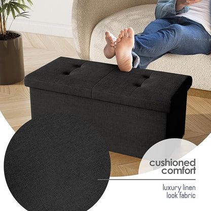 Storage Ottoman Bench with Bins, 30-in Storage Bench for Bedroom End of Bed, Folding Foot Rest Ottoman for Living Room Max 660lbs, Fabric Ottomans, Black