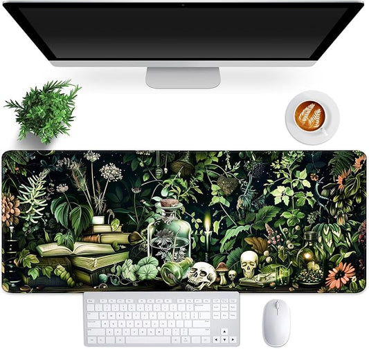 Gaming Mouse Pad for Computer,Large Mouse Pads for Desk Keyboard,Skull Desk Mat Laptop,Dark Green Plant Pattern Art XXL Waterproof Keyboard Pad,Extended Big Non-Slip Rubber Mousepad