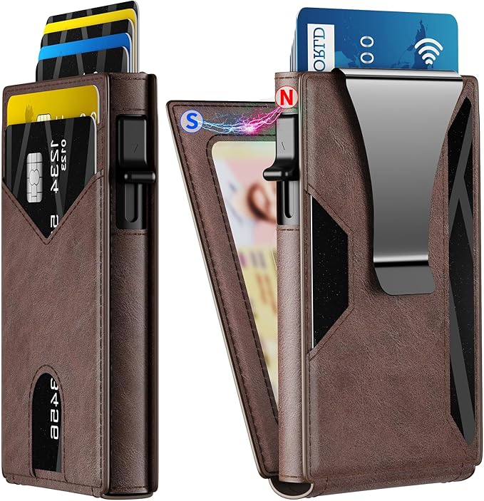 Wallet for Men Slim RFID Blocking-Metal Smart Pop-Up Credit Card Holder with 2 ID Windows, Holds 8-10 Cards,Bifold Minimalist Front Pocket Wallet & Money Clip,Men's accessories (Coffee)