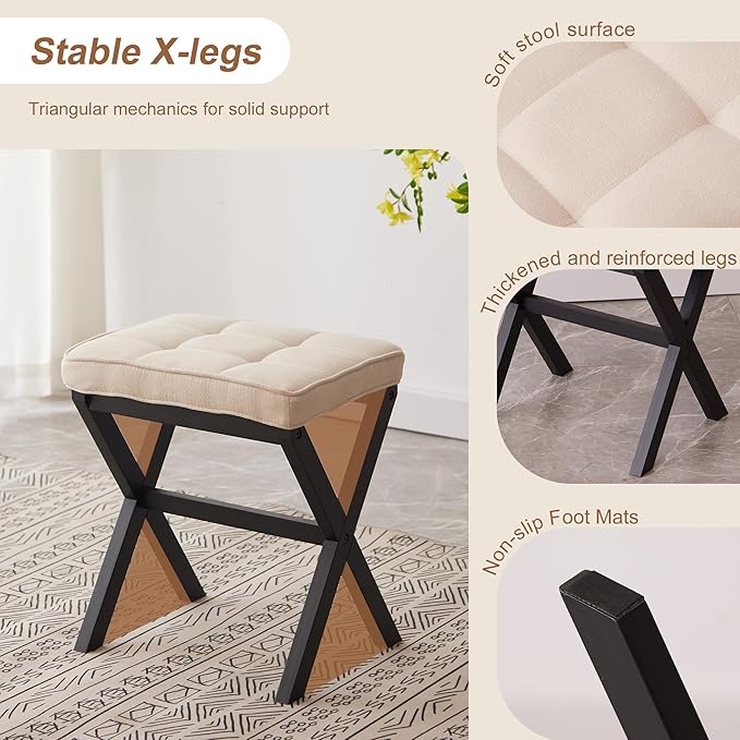 FILWH Foot Stool Small Ottoman Foot Rest Padded Foot Stool Desk Foot Stool for Under Office Desk Vanity Stool Bamboo Footstool Sofa Footrest Shoe Stool Small Foot Stools (Black Legs + Beige)
