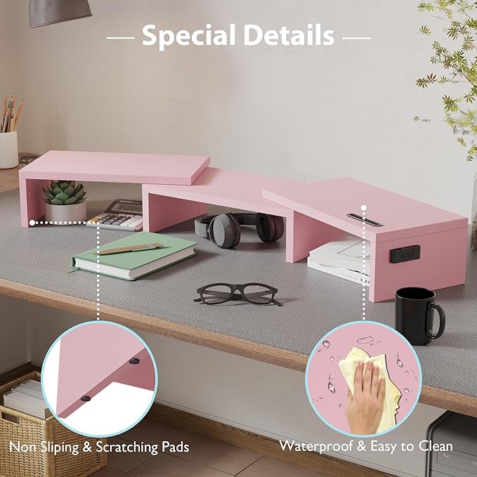 BONTEC Dual Monitor Stand for Desk, Adjustable Length and Angle Monitor Stand Riser with Smartphone Holder, Desk Shelf for Top of Desk, Computer Monitor Stand with Storage, Office Desk Organizer, Pink