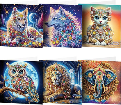 6pcs DIY Animals Diamond Art Painting Greeting Cards Kit, Rhinestone Art Holiday Birthday Card Set with Envelopes, DIY Festival Craft for Girlfriend, Christmas Valentine Gift Making Supplies