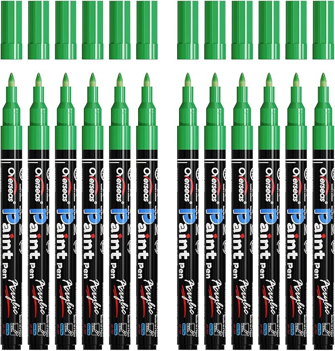 Overseas Paint Markers Pens - Green Permanent Markers Acrylic Paint Pens 12 Pack, Water Based, Waterproof, 0.7mm Extra Fine Tip Acrylic Marker for Wood, Metal, Rock, Plastic, Glass, Canvas, Fabric
