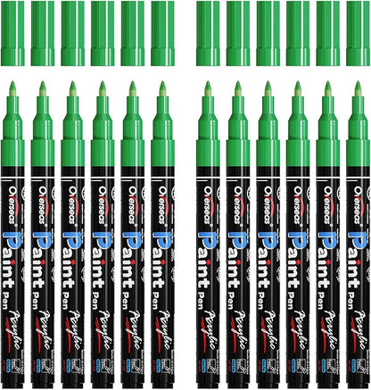 Overseas Paint Markers Pens - Green Permanent Markers Acrylic Paint Pens 12 Pack, Water Based, Waterproof, 0.7mm Extra Fine Tip Acrylic Marker for Wood, Metal, Rock, Plastic, Glass, Canvas, Fabric