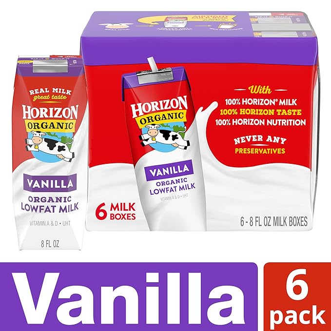 Horizon Organic Shelf Stable 1% Lowfat Vanilla Milk Boxes, 8 fl oz, 6 Count - 8g Protein per Serving, USDA Organic UHT, Ready to Drink for Lunchbox, Travel, or On-the-Go, No Refrigeration Needed