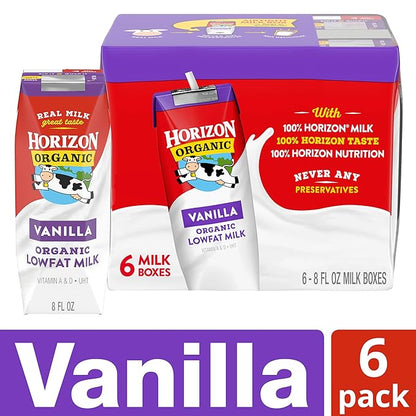 Horizon Organic Shelf Stable 1% Lowfat Vanilla Milk Boxes, 8 fl oz, 6 Count - 8g Protein per Serving, USDA Organic UHT, Ready to Drink for Lunchbox, Travel, or On-the-Go, No Refrigeration Needed