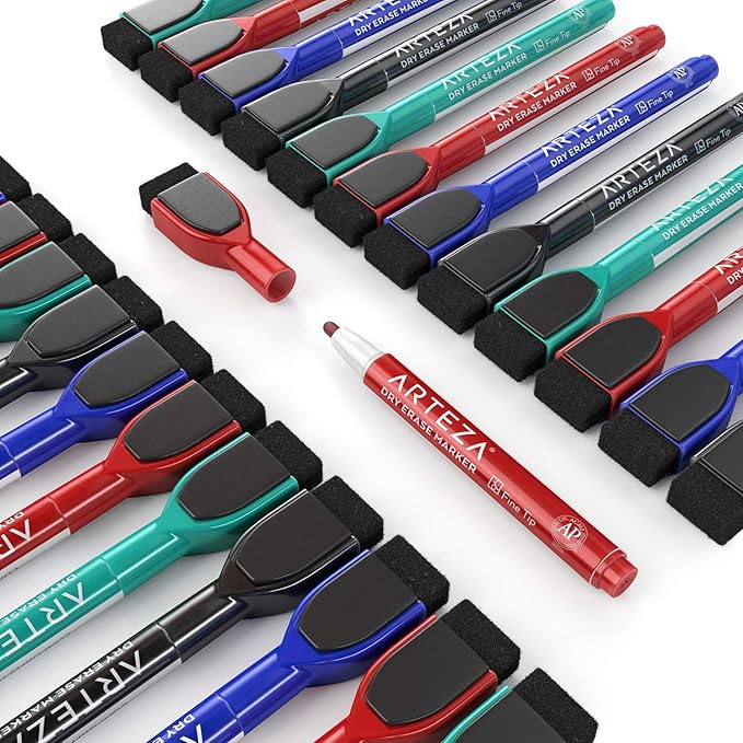 ARTEZA Magnetic Dry Erase Markers with Eraser, Bulk Pack of 60, Fine Tip, 4 Assorted Colors with Low-Odor Ink, Whiteboard Pens, School and Office Supplies