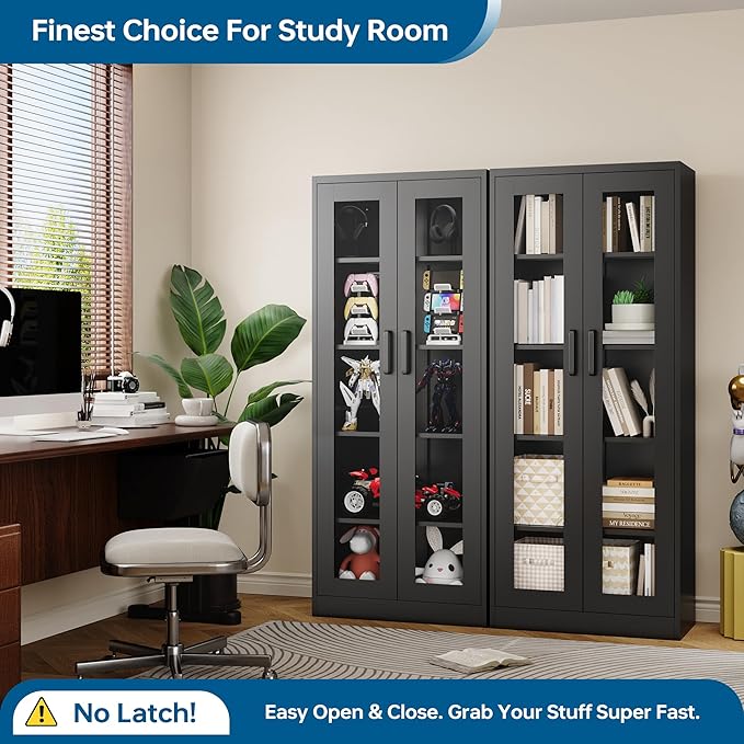 Display Storage Cabinet with Glass Door, 67 Inches Metal Curio Cabinet with 4 Adjustable Shelves, HD Tempered Glass Display Case for Home, Office, Clinic, Pantry, Assemble Required (Black)
