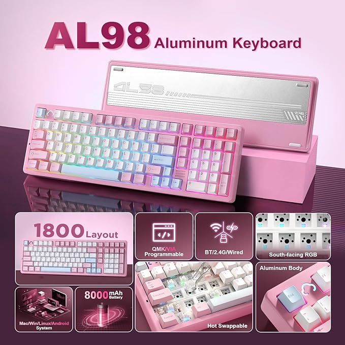 YUNZII AL98 QMK/VIA Wireless Mechanical Gaming Keyboard,Full Aluminum,BT/2.4G/USB-C, Pre-Lubed Hot Swappable Gasket Mount 1800 Layout,RGB Backlit for Win/Mac (Pink, Cocoa Cream V2 Switch)