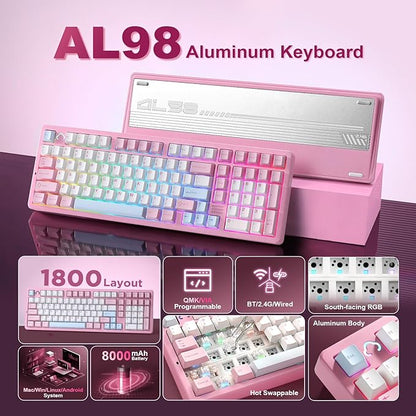 YUNZII AL98 QMK/VIA Wireless Mechanical Gaming Keyboard,Full Aluminum,BT/2.4G/USB-C, Pre-Lubed Hot Swappable Gasket Mount 1800 Layout,RGB Backlit for Win/Mac (Pink, Cocoa Cream V2 Switch)