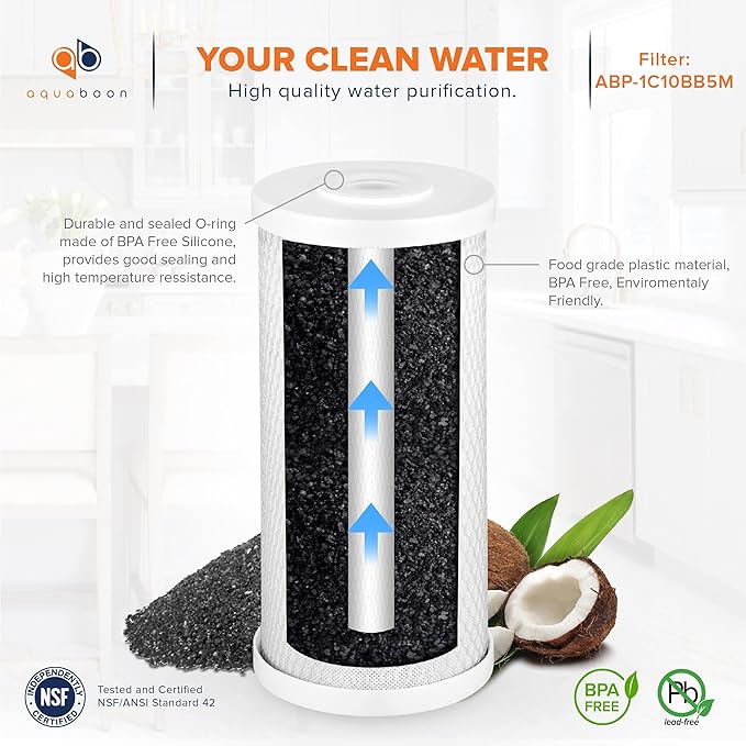 Aquaboon 5 Micron 10 x 4.5 Premium Carbon Filter Cartridge Whole House CTO Block Water Filter Replacement Compatible with FXHTC, CB-BB-10, 12-Pack
