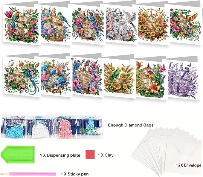jinglinhh 12pcs Parrots Flower Birdcage Diamond Art Painting Greeting Cards with Envelopes, DIY Card Making Kits for Adults, Diamond Art Christmas Cards for Birthday Holiday Postcards Craft Gifts