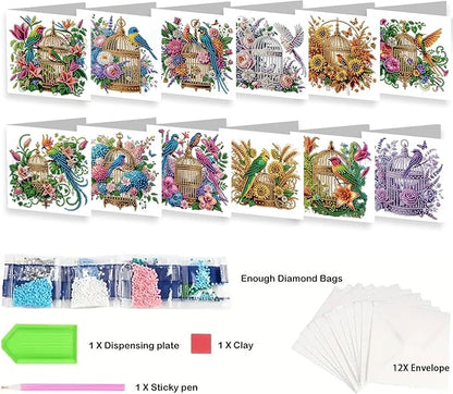 jinglinhh 12pcs Parrots Flower Birdcage Diamond Art Painting Greeting Cards with Envelopes, DIY Card Making Kits for Adults, Diamond Art Christmas Cards for Birthday Holiday Postcards Craft Gifts