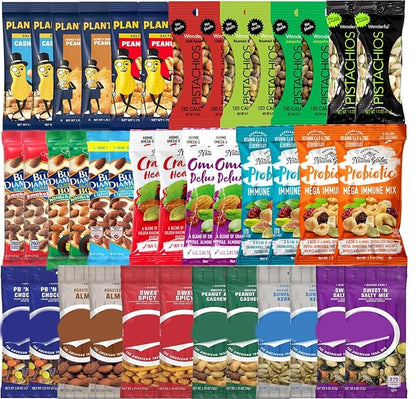 Niro Gift Basket with Individual Single Serve Packs- Trail Mix Snacks Variety Pack for Adults - 40 Pack: Healthy Snacks for Adults, 20 Different Nuts and Trail Mixes