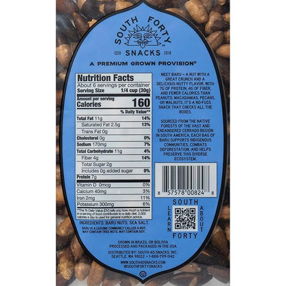 South 40 Snacks Dry Roasted Salted Baru Nuts, Just 2 Ingredients (6.5oz bags, pack of 4)