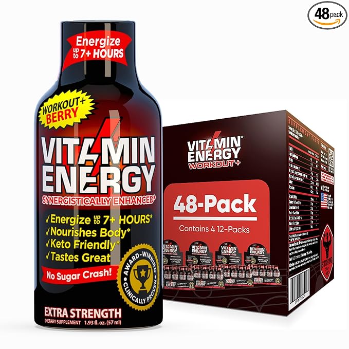 Vitamin Energy Workout+ Extra Strength Energy Shot Berry 48 Pack, 260mg Natural Caffeine, Pre-Workout, B-Vitamins, Minerals, Endurance & Performance, Zero Sugar, Gluten-Free, Vegan, 1.93 fl oz