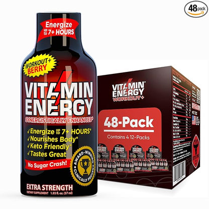 Vitamin Energy Workout+ Extra Strength Energy Shot Berry 48 Pack, 260mg Natural Caffeine, Pre-Workout, B-Vitamins, Minerals, Endurance & Performance, Zero Sugar, Gluten-Free, Vegan, 1.93 fl oz