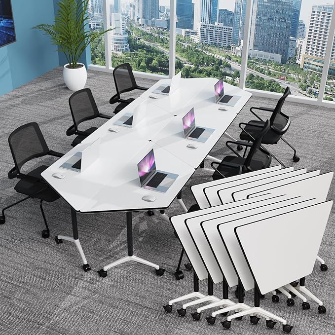 Conference Table, Foldable Conference Room Tables with Silent Wheels, Folding Modular Seminar Meeting Tables, Modern Rectangle Training Table for Office, Boardroom (10, Trapezoidal, 47.2)