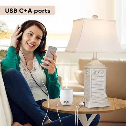 Hamucd Coastal Table Lamps Set of 2, Beach Living Lamps for Bedroom with USB A+C, Washed White Modern Resin LED 3-Color Temperature Bedside Nautical Decor, Nightstand Tropical Lamps for End Table.