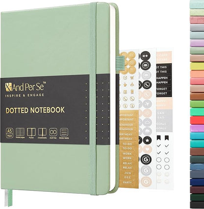 A5 Hardcover Leather Bullet Dotted Journal, 160 Pages 100 gsm Thick Paper, 3 Sheets of Stickers Included- 5.7'' x 8''（Light Green）