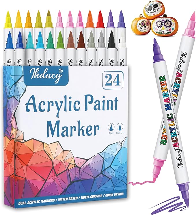24 Colors Dual Tip Acrylic Paint Markers Set, Fine Tip and Brush Tip Acrylic Paint Pens with 10 Pages Coloring Paper for Rocks, Wood, Canvas, Stone, Paper, Fabric, Glass, DIY Crafts
