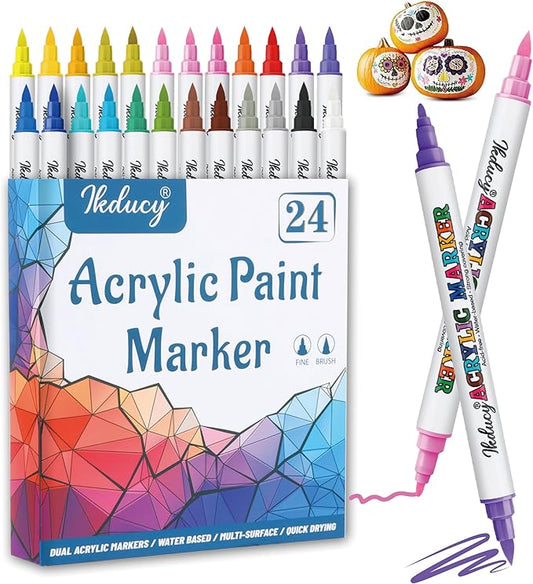 24 Colors Dual Tip Acrylic Paint Markers Set, Fine Tip and Brush Tip Acrylic Paint Pens with 10 Pages Coloring Paper for Rocks, Wood, Canvas, Stone, Paper, Fabric, Glass, DIY Crafts
