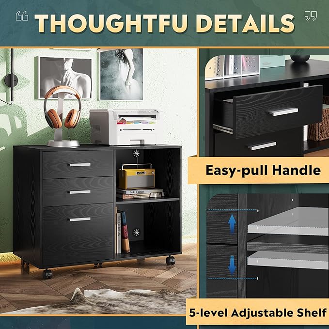 DEVAISE 3 Drawer Mobile File Cabinet, Wood Lateral Filing Cabinet, Printer Stand with Open Shelves for Home Office, Black