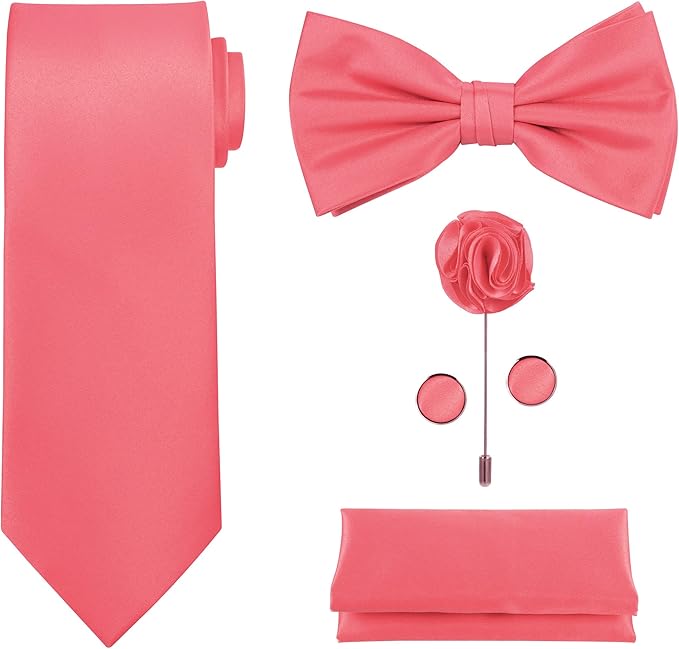TIE G 5pcs Tie Set in WHITE OR BLACK GIFT BOX: Solid Color Necktie, Satin Bow Tie, Pocket Square, Lapel, Cuff Links
