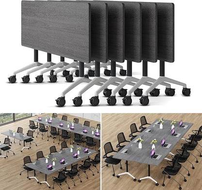 Folding Conference Table Modern Large Mobile Meeting Table Rolling Conference Room Tables with Wheels Seminar Tables for Office Training Classroom (6, Oak Grey, 63" D X 19.7" W X 29.5" H)