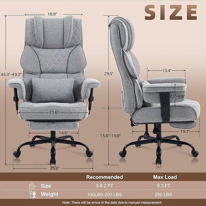 Vonesse Big and Tall Office Chair, Computer Chair with Soft Adjustable Armrests, Ergonomic Gaming Chair with Breathable Linen Design, Executive Chairs with Footrest (Linen Fabric,Light Gray)
