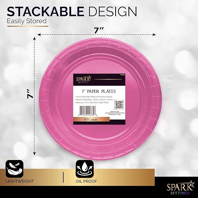 Disposable Paper Plates Bright Pink, 6 3/4 Inches Paper Dessert Plates, Strong and Sturdy Disposable Plates for Party, Dinner, Holiday, Picnic, or Travel Party Plates, Pack of 50