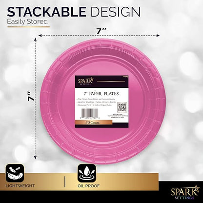 Disposable Paper Plates Bright Pink, 6 3/4 Inches Paper Dessert Plates, Strong and Sturdy Disposable Plates for Party, Dinner, Holiday, Picnic, or Travel Party Plates, Pack of 50