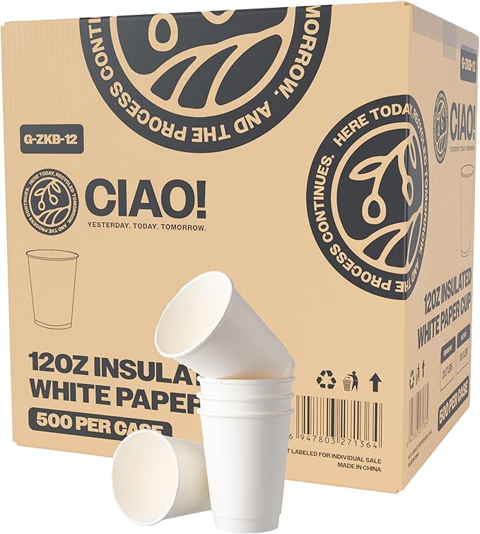 CIAO! 12 oz Insulated Double Wall White Paper Hot Cup, 90 mm Diameter, 500 Count