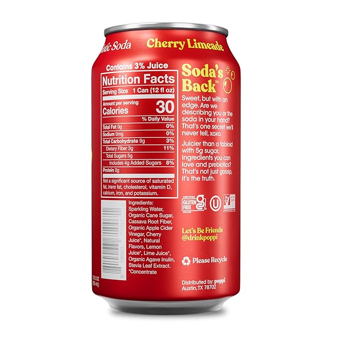 Poppi Sparkling Prebiotic Soda Beverage with Apple Cider Vinegar, Seltzer Water and Fruit Juice, Cherry Limeade Flavor, 12 Fl Oz, Pack of 12, Packaging May Vary