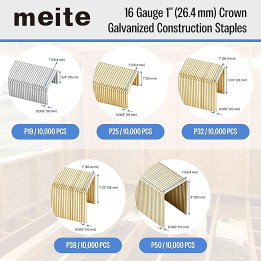 meite 16 Gauge 1-Inch Wide Crown Staples 3/4'' Leg, Galvanized P-Type Heavy Duty Construction Staples for Stapler Gun - Roofing Subflooring House-Wrap, Strong Holding & Tear-Resistance, 10,000 PCS