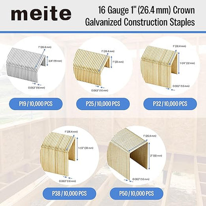 meite 16 Gauge 1-Inch Wide Crown Staples 3/4'' Leg, Galvanized P-Type Heavy Duty Construction Staples for Stapler Gun - Roofing Subflooring House-Wrap, Strong Holding & Tear-Resistance, 10,000 PCS