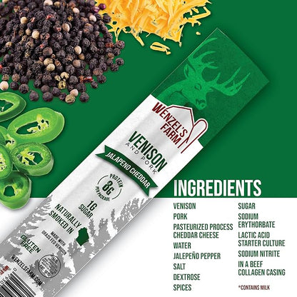 Wenzel’s Farm Jalapeno Cheddar Venison Snack Sticks 8 Pack | Supports Active Lifestyles │ High Protein, Low Carb │ No MSG, Fillers, Binders, Artificial Colors │ Gluten Free