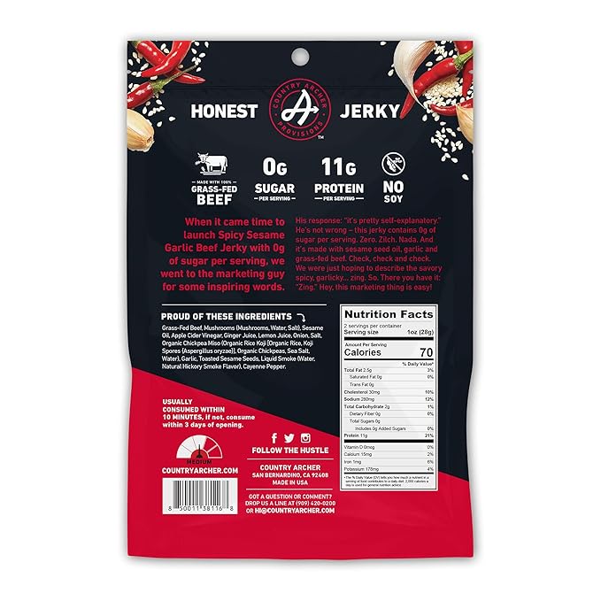 Country Archer Grass Fed Beef Jerky - Zero Sugar Beef Jerky, Sugar Free Beef Jerky Snack Pack, Beef Jerky Bulk, Individual Beef Jerky Packs, Gluten Free, Paleo - Spicy Sesame Garlic, 2 oz (Pack of 6)