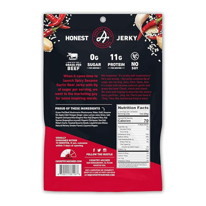 Country Archer Grass Fed Beef Jerky - Zero Sugar Beef Jerky, Sugar Free Beef Jerky Snack Pack, Beef Jerky Bulk, Individual Beef Jerky Packs, Gluten Free, Paleo - Spicy Sesame Garlic, 2 oz (Pack of 6)