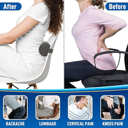 Seat Cushion, Lumbar Roll Support Pillow for Office Chair, Car, Gaming Chair, Memory Foam Back Cushion with Washable Cover for Relieving Back Pain & Improving Posture,Grey