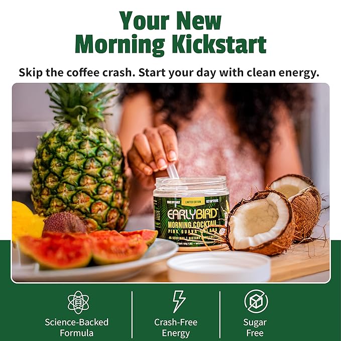 EarlyBird Energy Drink Powder - Morning Cocktail Pink Guava - Zero Sugar Electrolytes with Amino Acids - Electrolytes Powder & Caffeine Drink Mix for Morning Energy, Focus & Hydration - 45 Servings