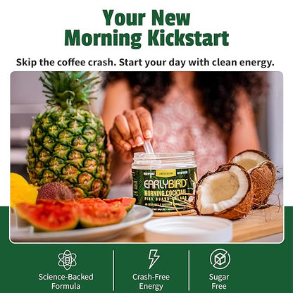 EarlyBird Energy Drink Powder - Morning Cocktail Pink Guava - Zero Sugar Electrolytes with Amino Acids - Electrolytes Powder & Caffeine Drink Mix for Morning Energy, Focus & Hydration - 45 Servings