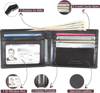 Genuine Leather Bifold Mens Wallet RFID Blocking 5 Credit Card Slots 1 ID Window 2 Sections for Bills 2 Additional Slots | Black