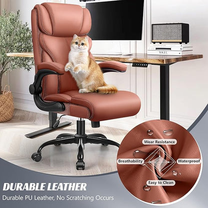 Office Chair, Ergonomic Big and Tall Computer Desk Chairs, Executive Breathable Leather Chair with Adjustable High Back Flip-up Armrests, Lumbar Support Swivel PC Chair with Rocking Function