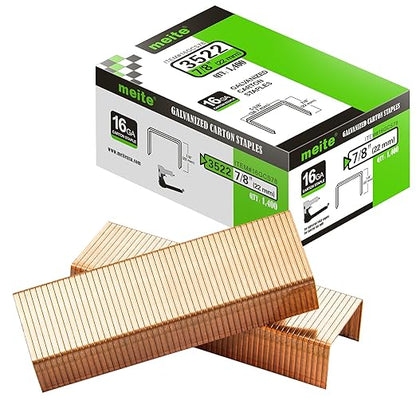 meite Carton Closing Staples 16 Gauge 1-3/8" Wide Crown 7/8" Leg Copper-Coated Box Staples for Pneumatic or Manual Box Stapler Cardboard Sealer Packaging (7,000PCS)