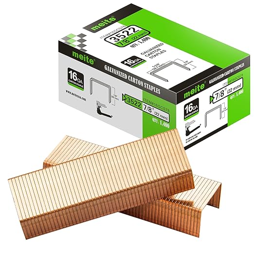 meite Carton Closing Staples 16 Gauge 1-3/8" Wide Crown 7/8" Leg Copper-Coated Box Staples for Pneumatic or Manual Box Stapler Cardboard Sealer Packaging (7,000PCS)
