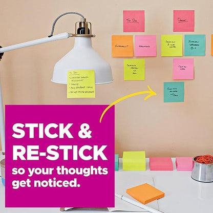 Post-it Super Sticky Notes, 3x3 in, 3 Pads, 2X The Sticking Power, Supernova Neons, Bright Colors, Recyclable (3321-SSMIA)