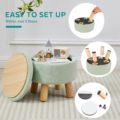 Small Foot Stool Ottoman with Storage, Faux Fur Ottoman Foot Rest for Couch, Round Footstool with Storage, Small Ottomans and Footstools for Living Room and Entryway (Light Green)
