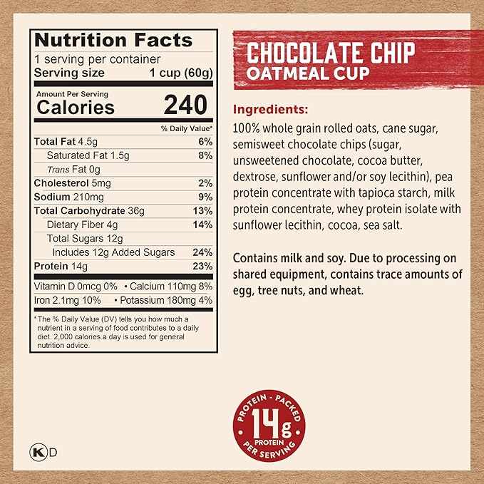 Kodiak Cakes Instant Protein Chocolate Chip Oatmeal in a Cup, 2.12oz (Pack of 12)